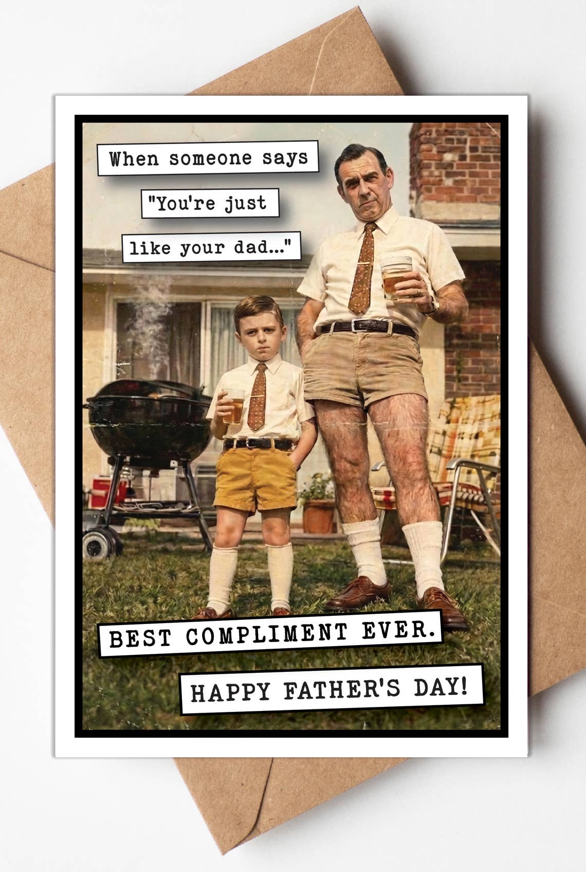 Father's Day card with a vintage photo of a man and boy drinking beer, text about being like dad, and a brown envelope.