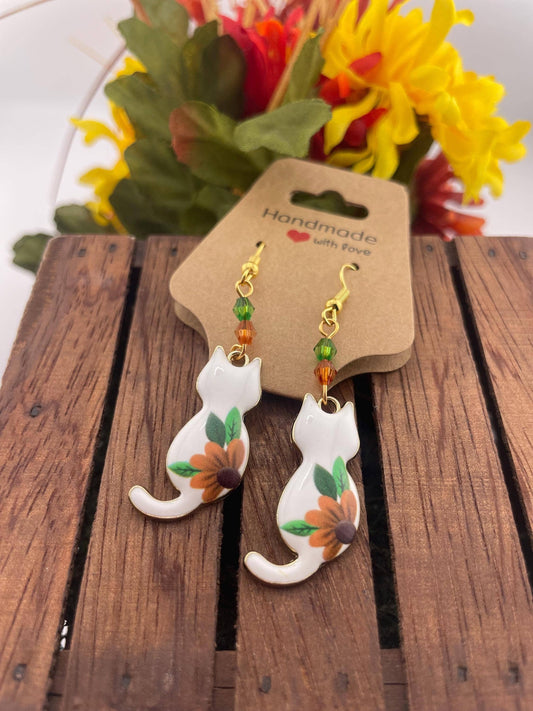 Gold Spring Beaded Cat Earrings with Sunflower | Floral: Chic in bloom
