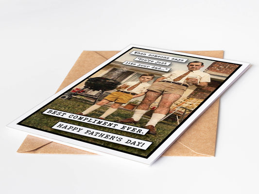 Father's Day card with vintage-style illustration of a father and son on a bench, featuring humorous text.