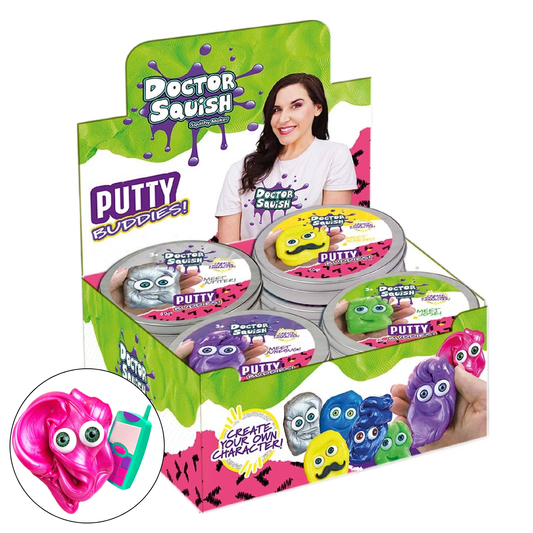 Display box of Doctor Squish Putty Buddies with colorful putties and a woman in a white t-shirt.