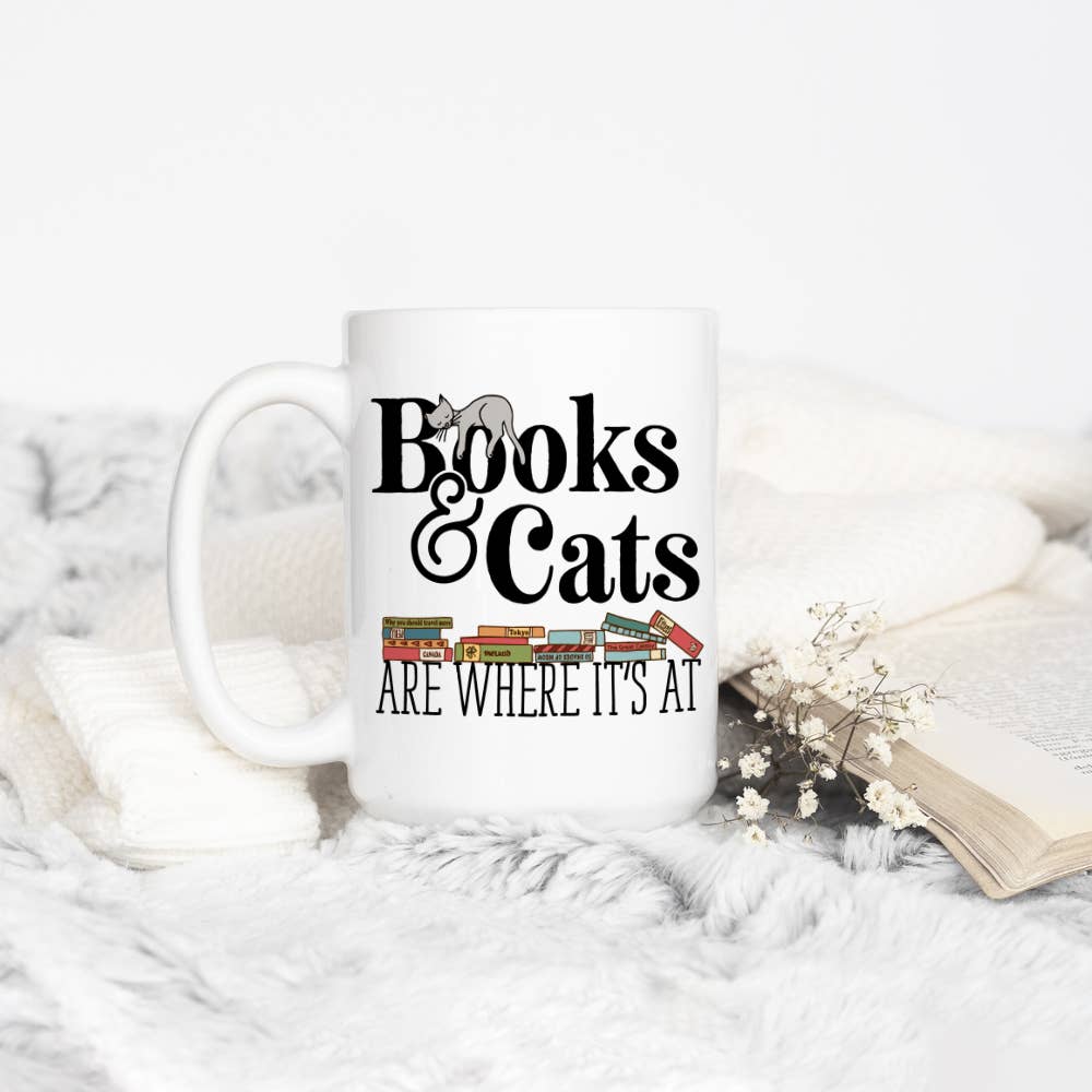 Books & Cats Ceramic Mug, Funny Cute Bookish Cat Lover Gifts: 11oz