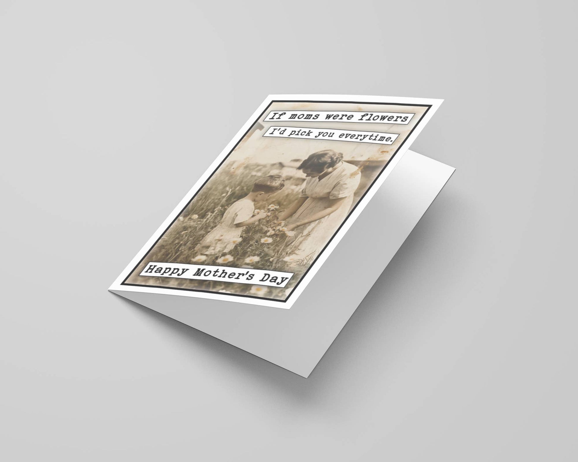 Greeting card with vintage-style photo and Mother's Day text on a gray background