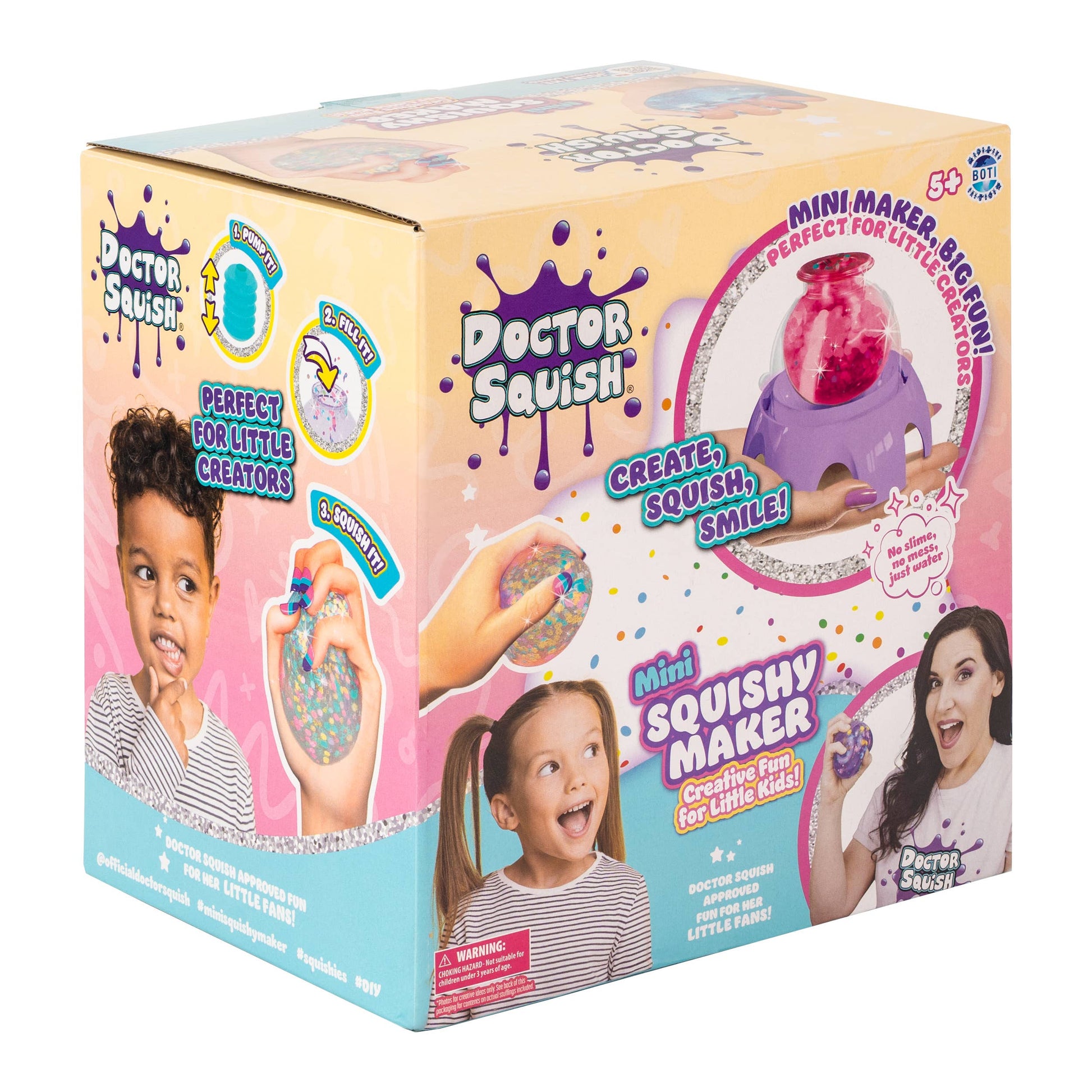 Box of Doctor Squish mini squishy maker toy with images of children and a squishy item on a white background.