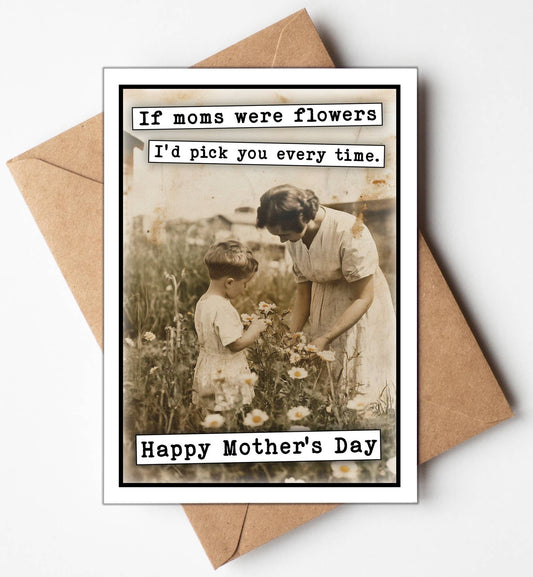 Mother's Day card with vintage photo of a woman and child in a garden, text overlay, and brown envelope.