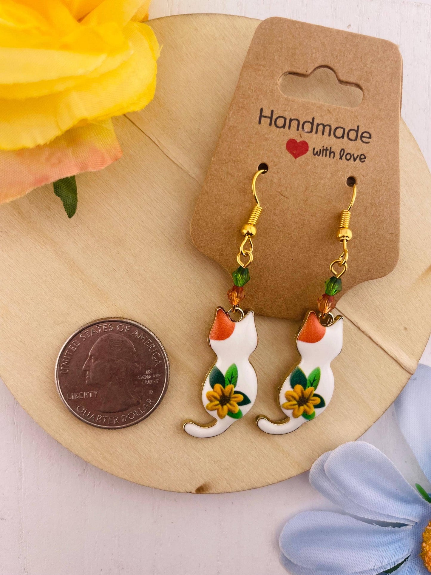 Gold Spring Beaded Cat Earrings with Sunflower | Floral: Chic in bloom