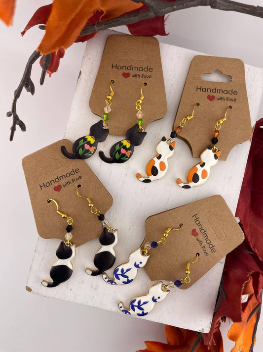 Gold Beaded Cat Earrings | Elegant Animal Lovers Gift: Autumn fog