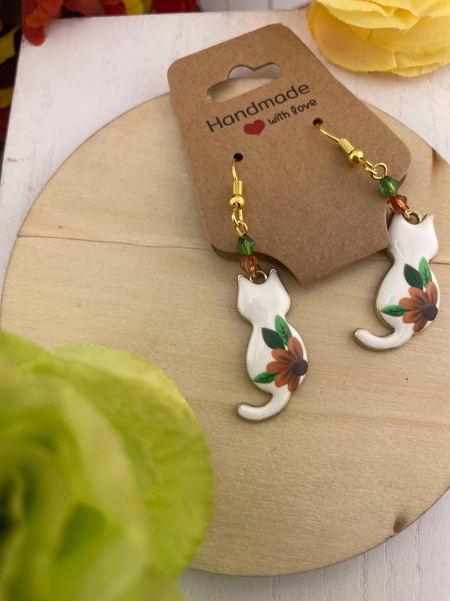 Gold Spring Beaded Cat Earrings with Sunflower | Floral: Chic in bloom