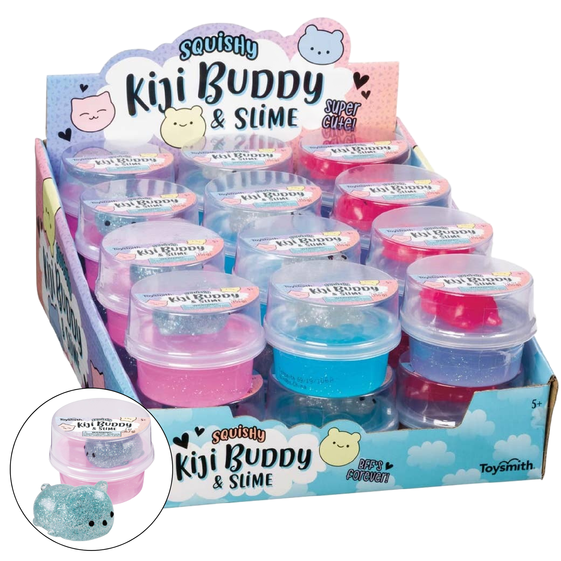 Display box of Squishy Kiji Buddy & Slime with small containers of slime.