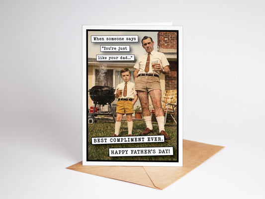 Father's Day card with a vintage-style illustration of a father and son, featuring text about being 'just like your dad'.