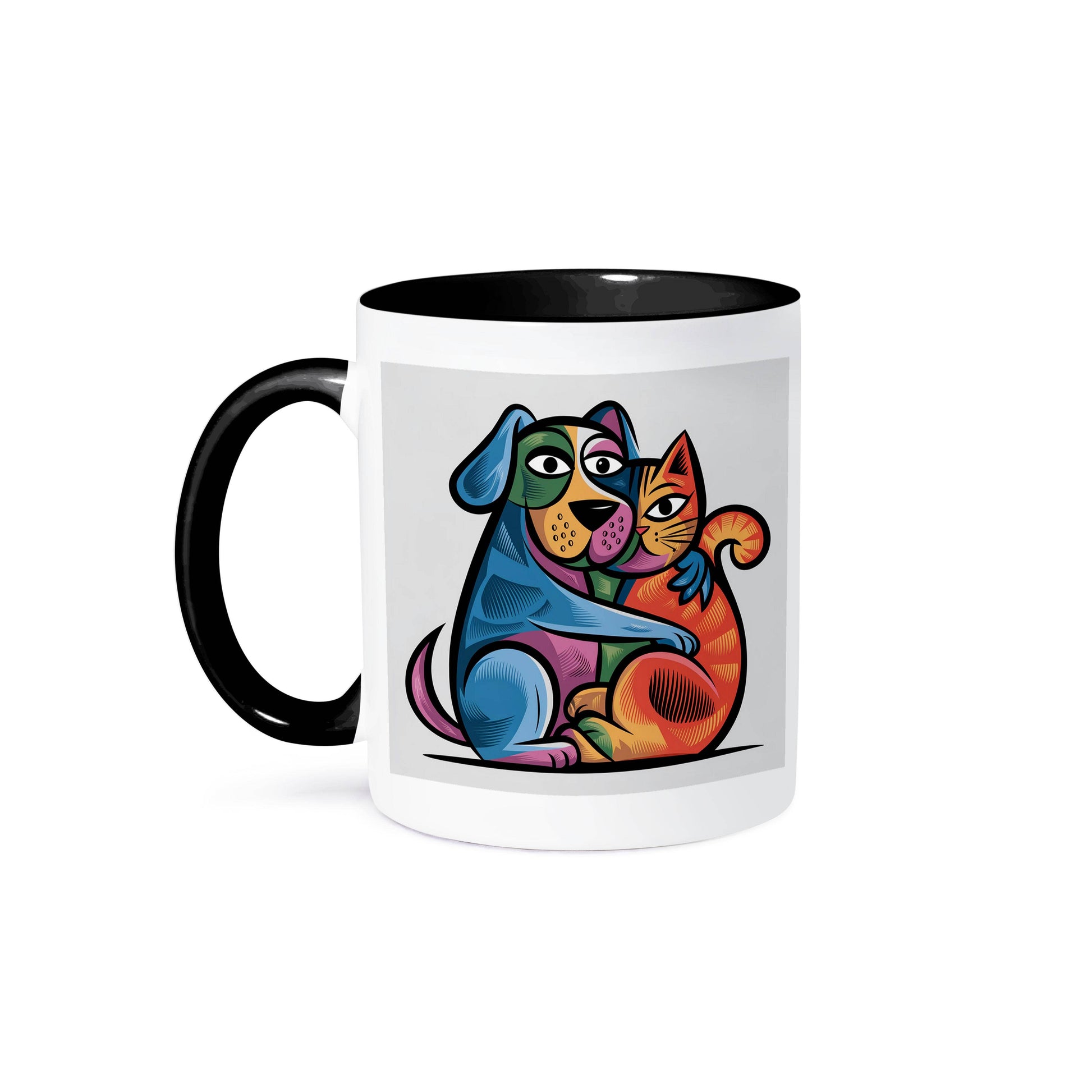 Mug with a colorful illustration of a dog and cat hugging on a white background