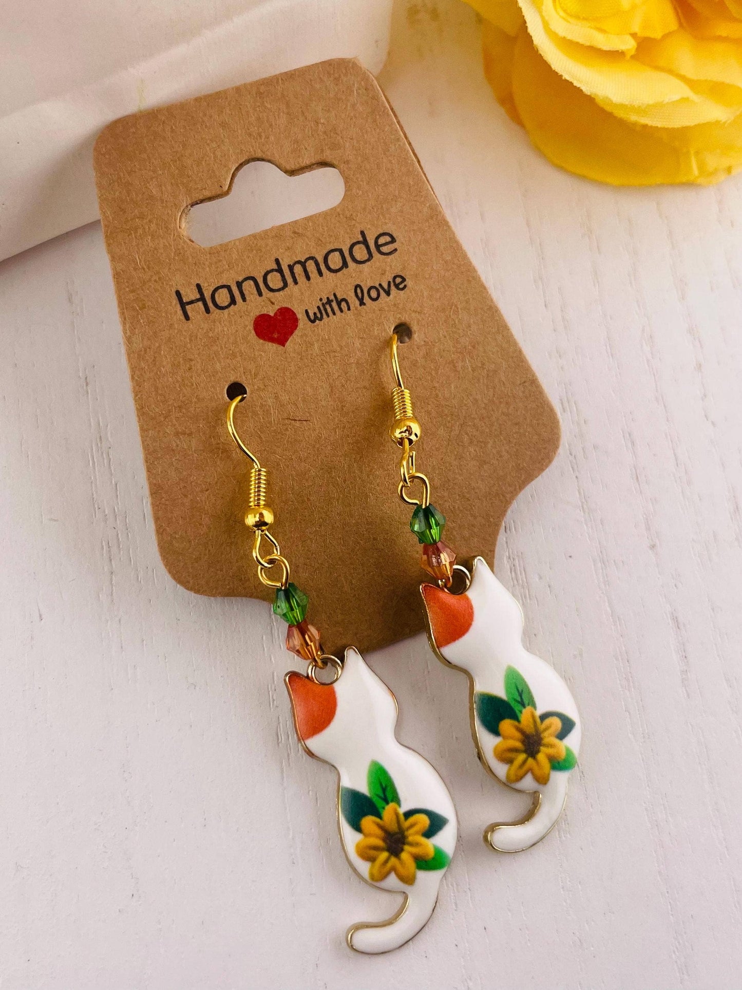Gold Spring Beaded Cat Earrings with Sunflower | Floral: Chic in bloom