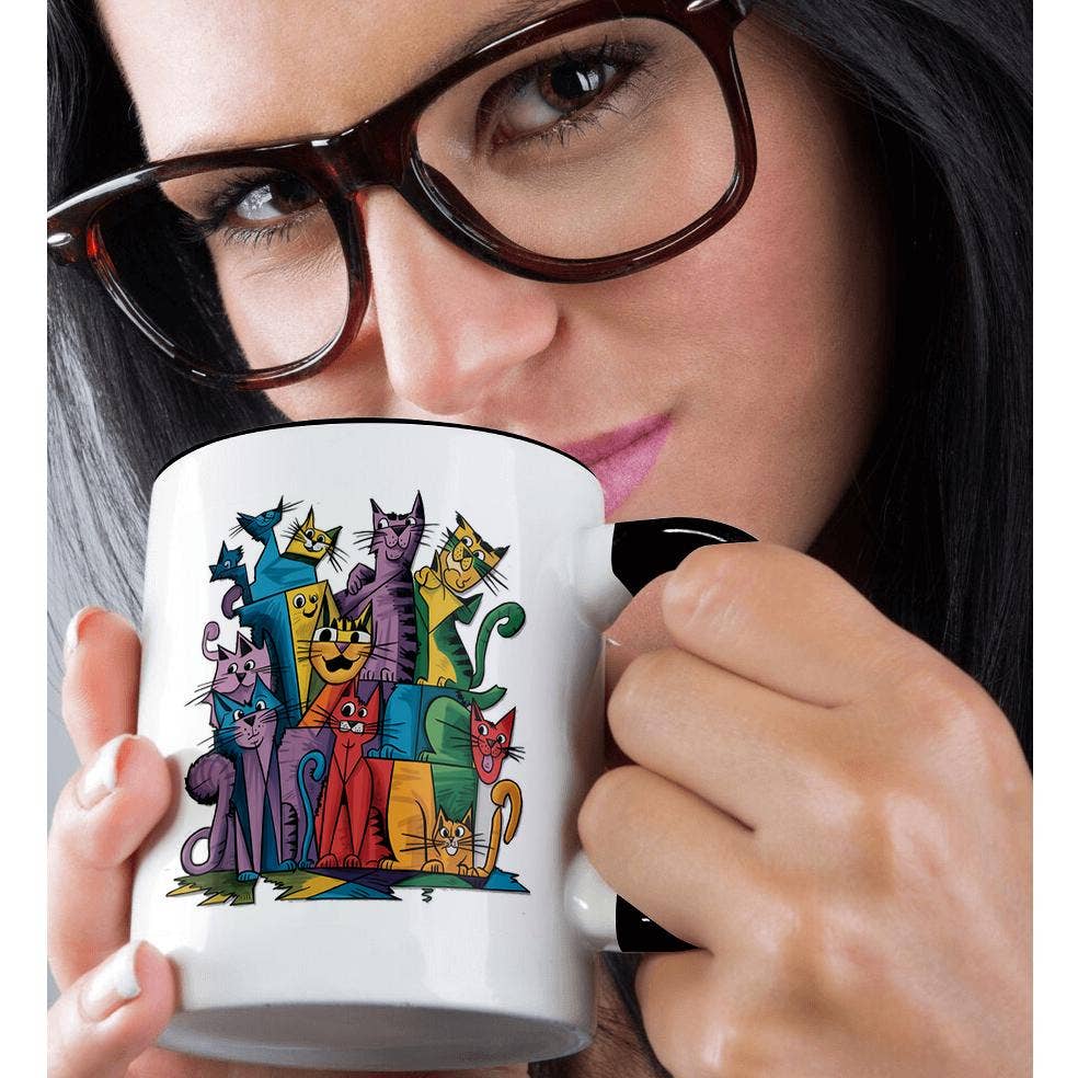 3dRose, Cool Funny Colorful Assorted Kitty Cats Pet Rescue Abstract Art, Mug: 11oz Two-Tone Black Mug