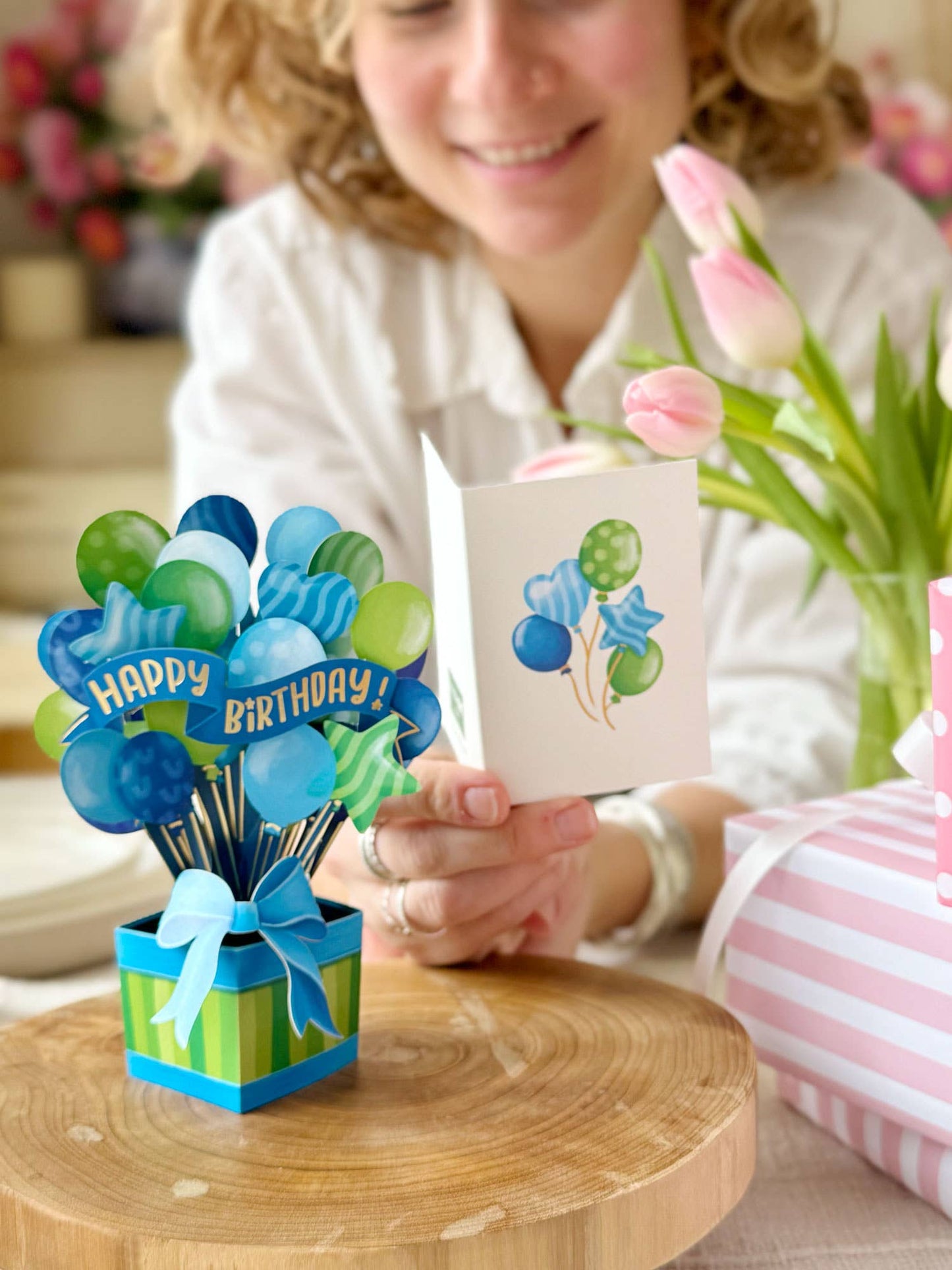 Mini Blue Birthday Balloons (10 Mini Pop-up Greeting Cards)