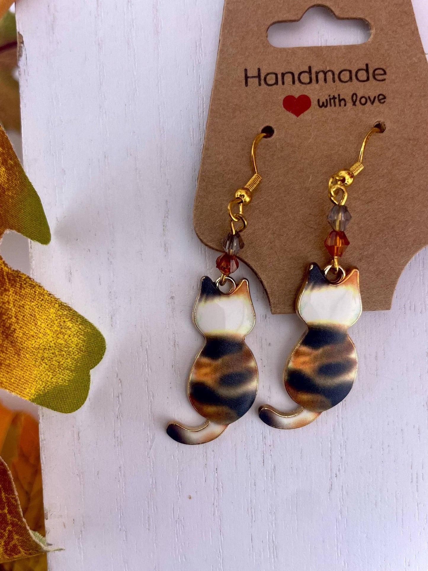Gold Beaded Cat Earrings | Elegant Animal Lovers Gift: Cow kitty