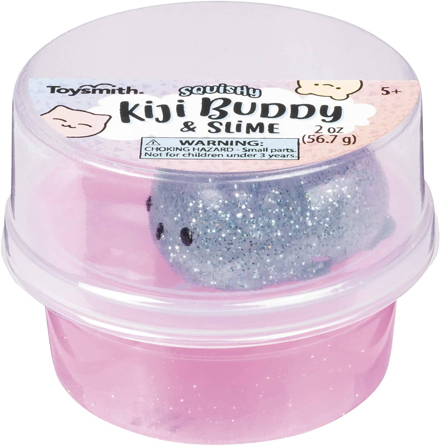 Pink slime with a small gray plush toy inside a container labeled 'Kiji Buddy & Slime' by Toysmith.
