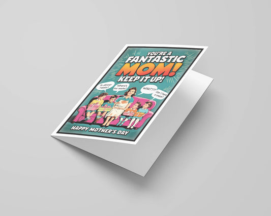 Greeting card with colorful design and text on a gray background