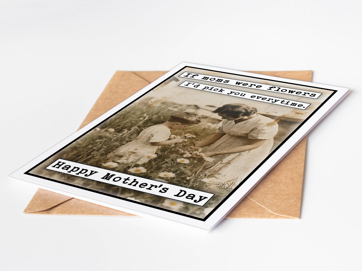 Greeting card with vintage-style photo and 'Happy Mother's Day' text on a white background