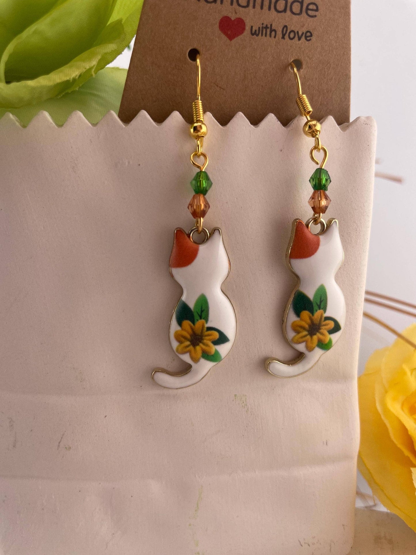 Gold Spring Beaded Cat Earrings with Sunflower | Floral: Chic in bloom