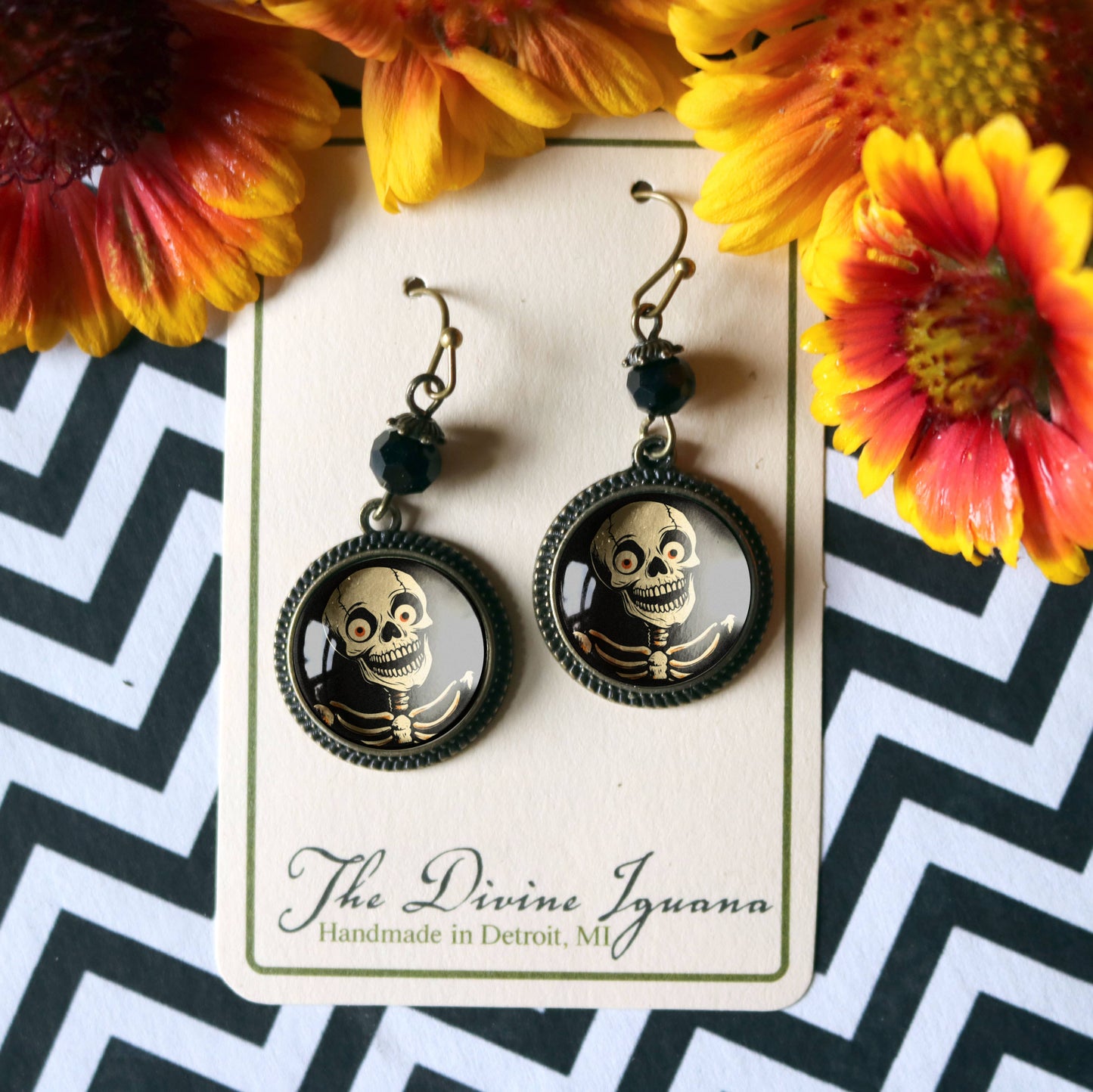 Skelly the Skeleton Retro Halloween Glass Cabochon Earrings