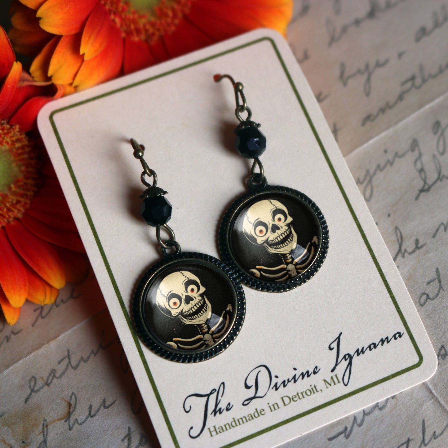 Skelly the Skeleton Retro Halloween Glass Cabochon Earrings