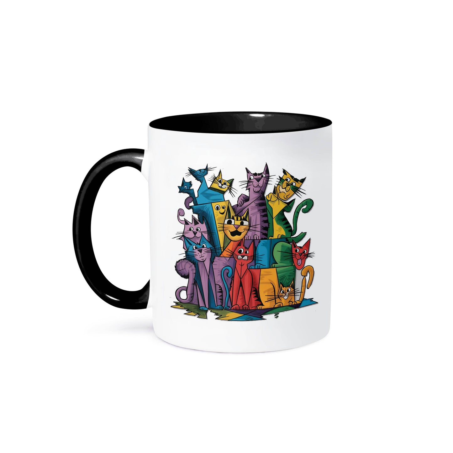3dRose, Cool Funny Colorful Assorted Kitty Cats Pet Rescue Abstract Art, Mug: 11oz Two-Tone Black Mug