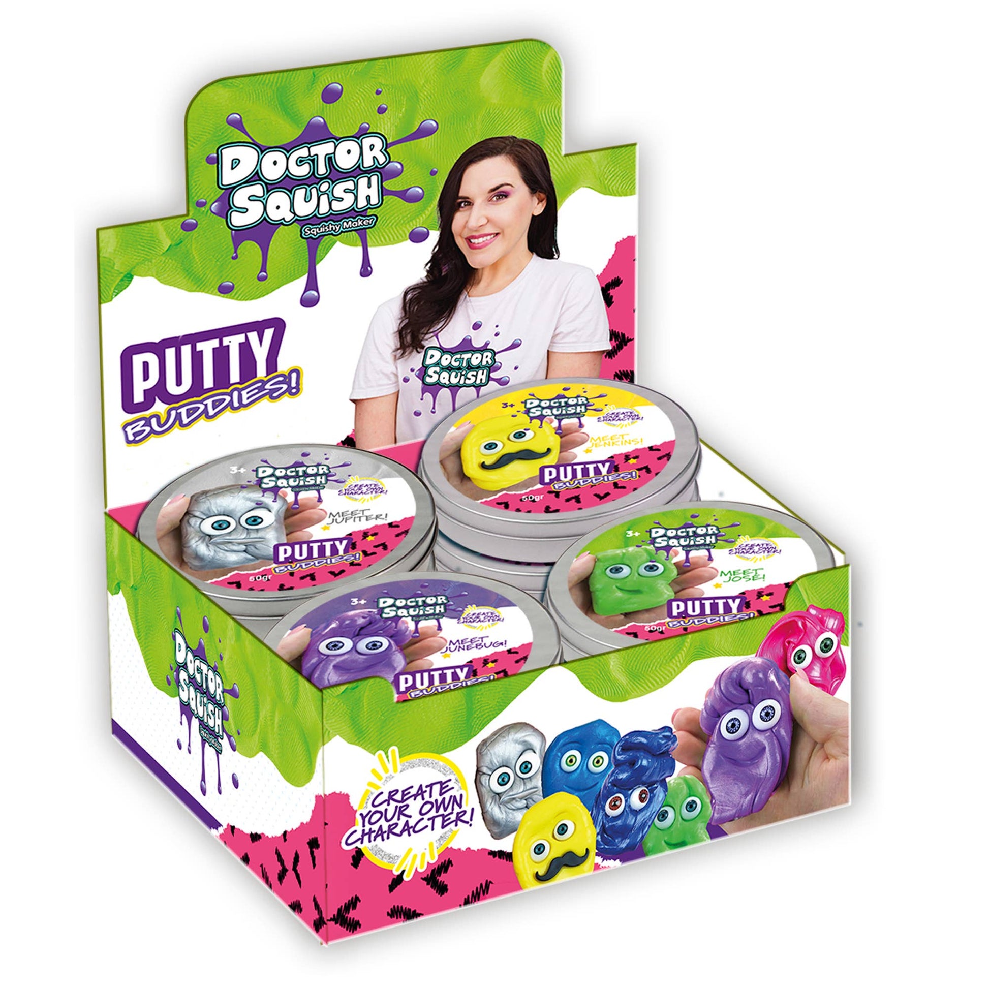 Display box of Doctor Squish Putty Putties with colorful putties and a woman wearing a branded t-shirt.