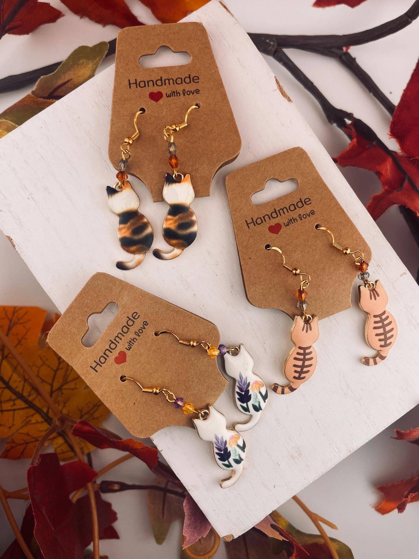 Gold Beaded Cat Earrings | Elegant Animal Lovers Gift: Autumn fog