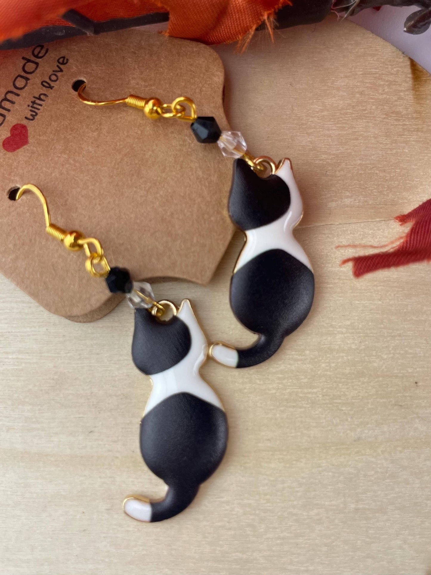 Gold Beaded Cat Earrings | Elegant Animal Lovers Gift: Autumn fog
