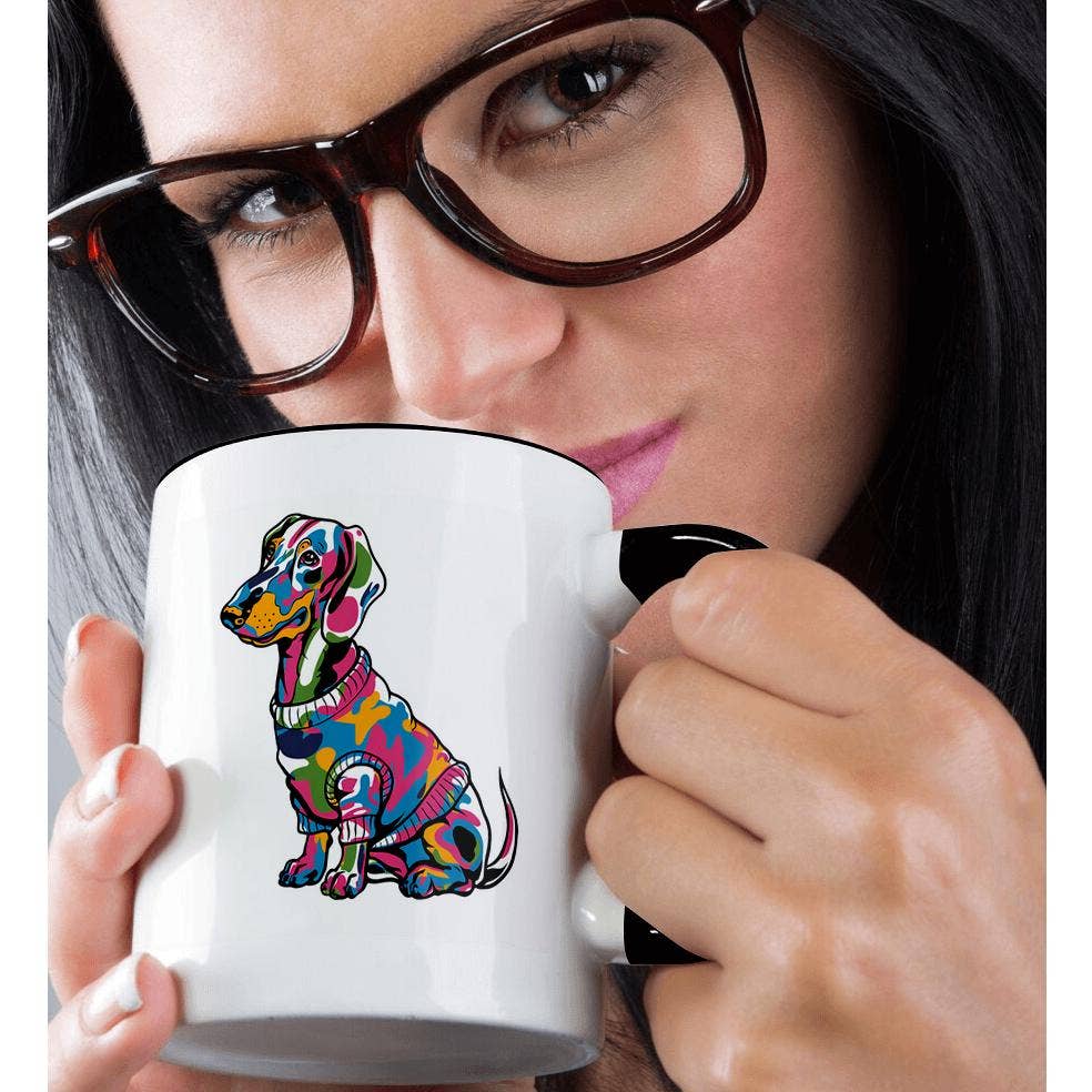 3dRose, Funny Cute Cool Dachshund Puppy Dog Wearing Colorful Sweater Graffiti, Mug: 11oz Two-Tone Black Mug