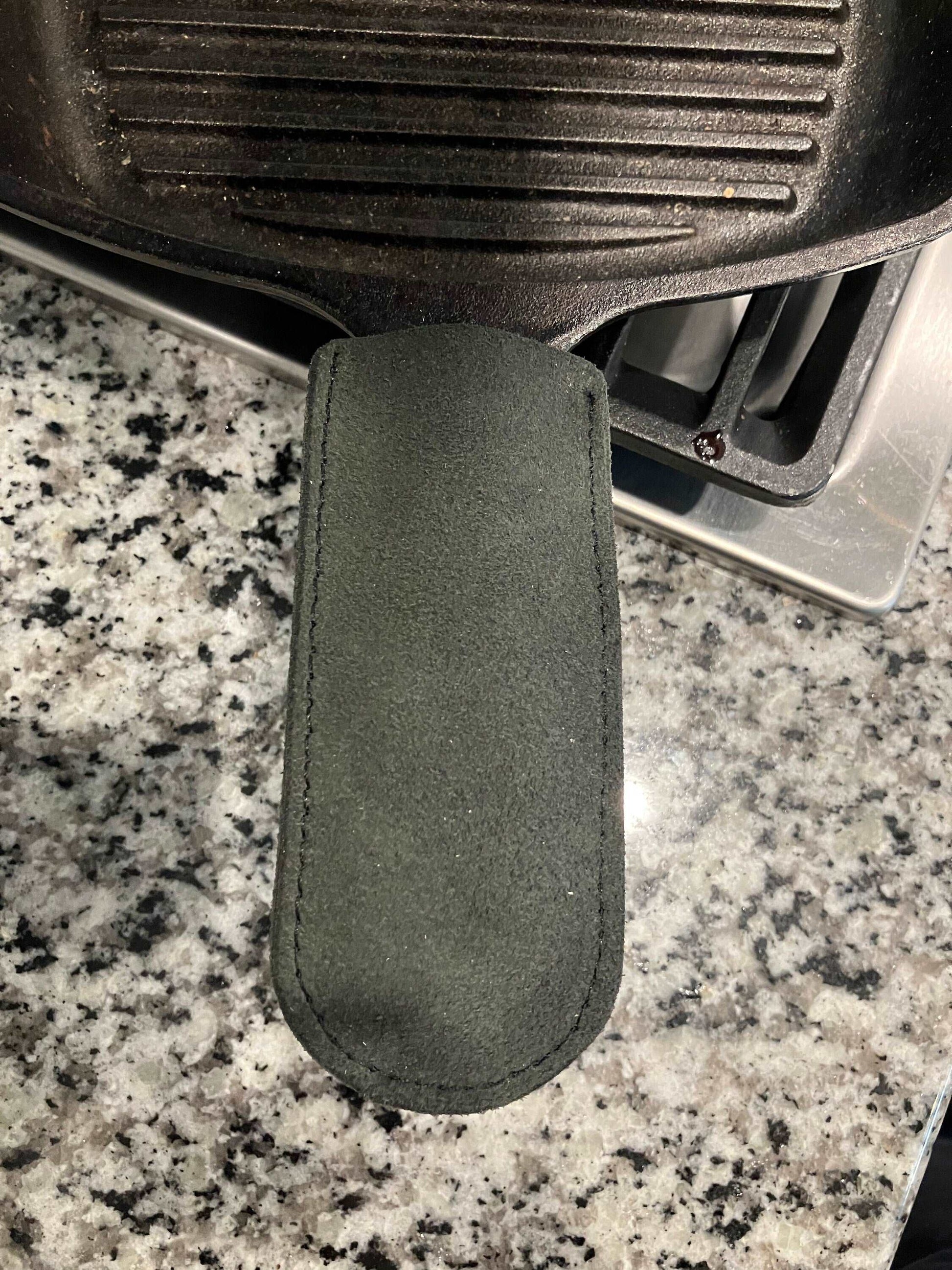 Leather Cast Iron Skillet Handle Cover sleeve in Charcoal Suede