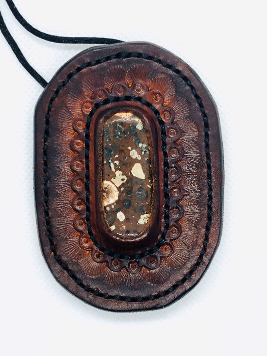 Leather Mounted Stone Pendant Necklace on 18” Cord Rustic Boho