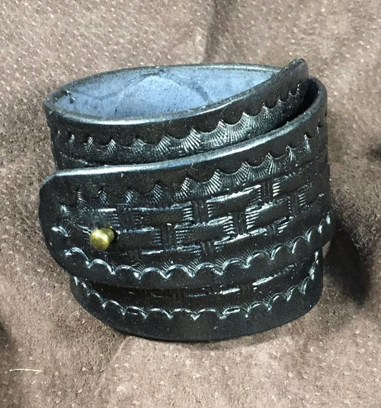 Leather Cuff Bracelet Hand Carved Black Basket Weave Design