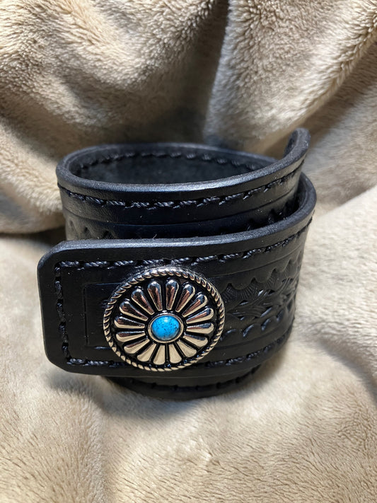 Leather Cuff Bracelet for Women Hand Carved Black Design Suede Lined Concho Snap