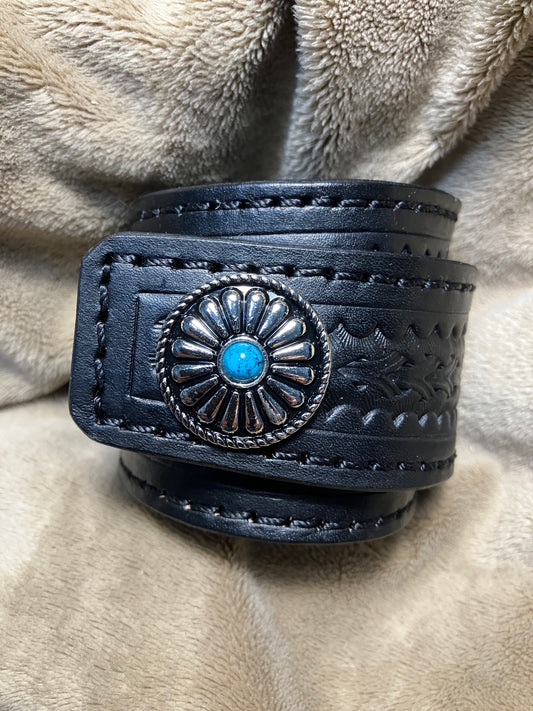 Leather Cuff Bracelet for Women Hand Carved Black Design Suede Lined Concho Snap