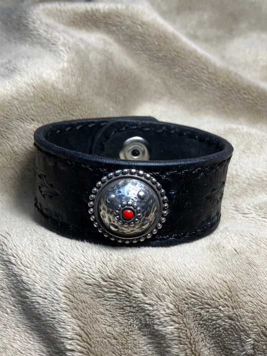 Leather Cuff Bracelet Hand Carved Black Design Suede Lined