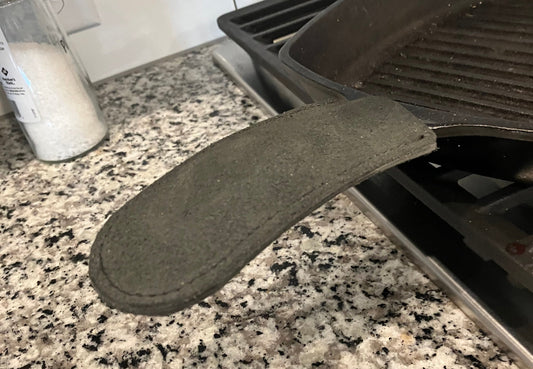 Set of 2 Leather Cast Iron Skillet Handle Cover sleeve in Charcoal Suede
