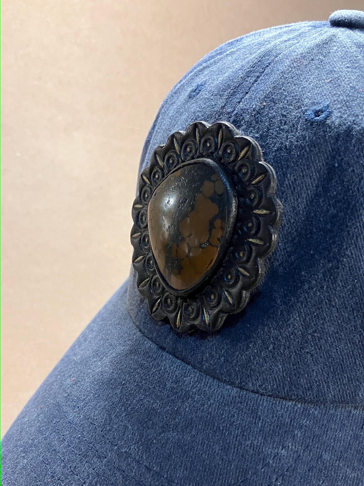 Soft Cotton Baseball Cap with Stone set in Leather