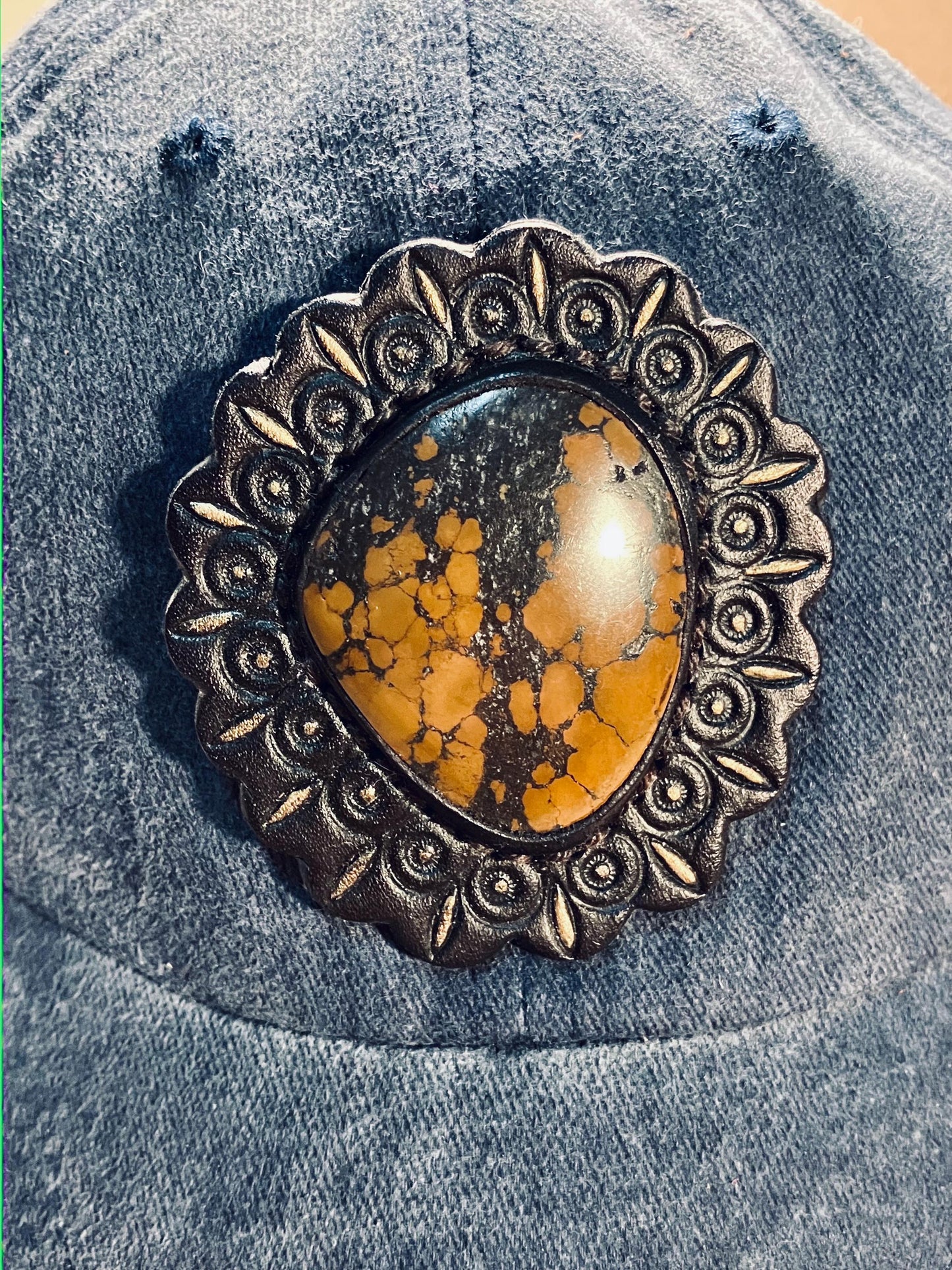 Soft Cotton Baseball Cap with Stone set in Leather