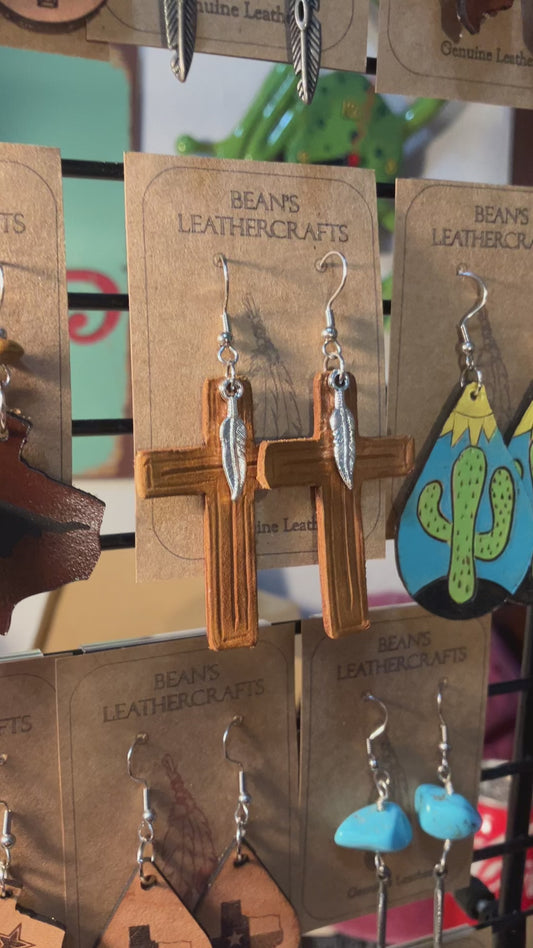 Leather Earrings Cross with Feather